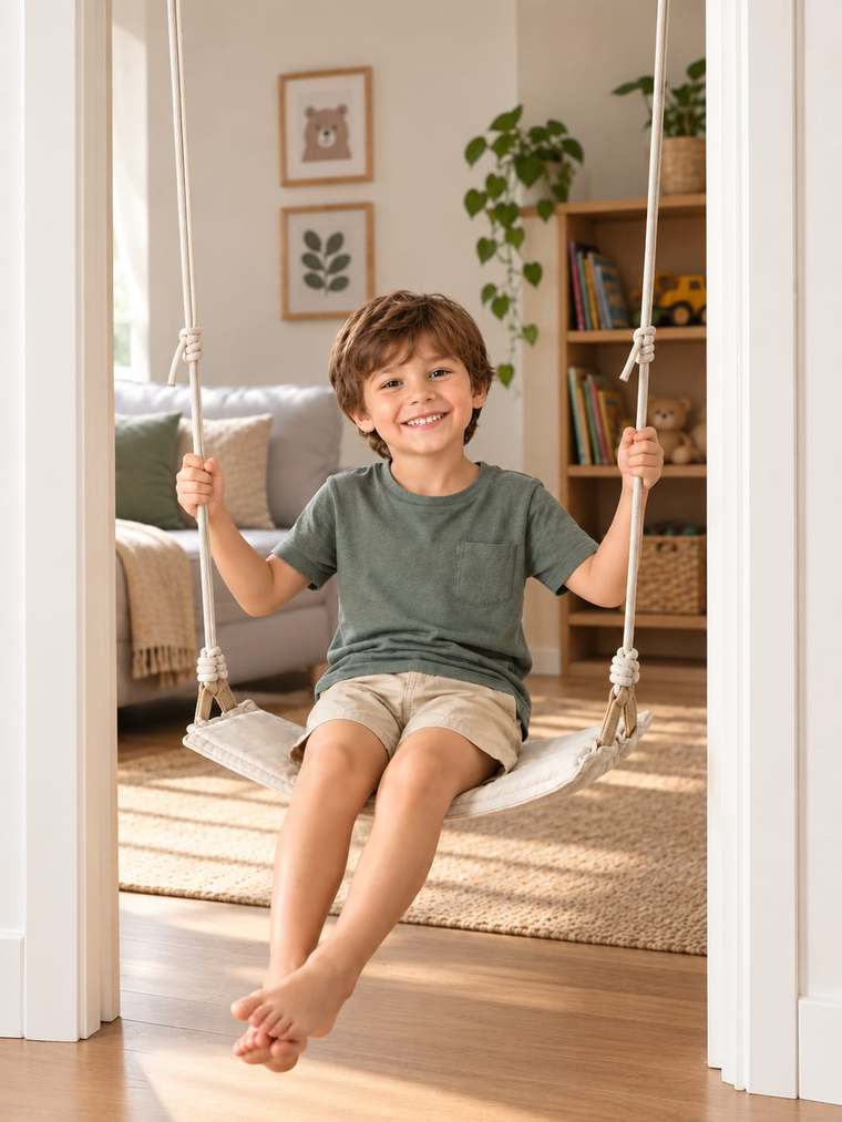 Criança sorrindo em um balanço de tecido instalado no vão da porta